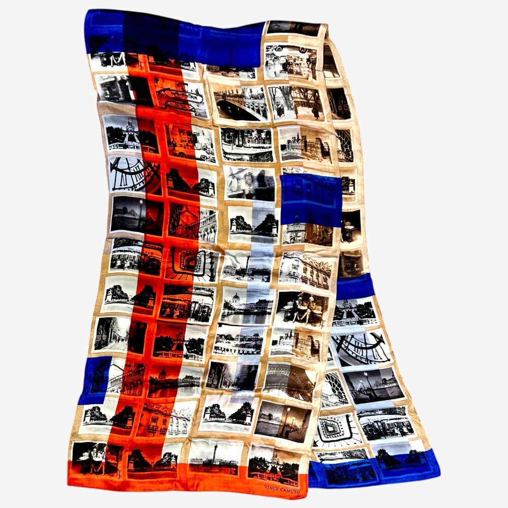Vince Camuto Paris Photograph Silk Scarf Red White Blue Eiffel Tower Wrap 72x17